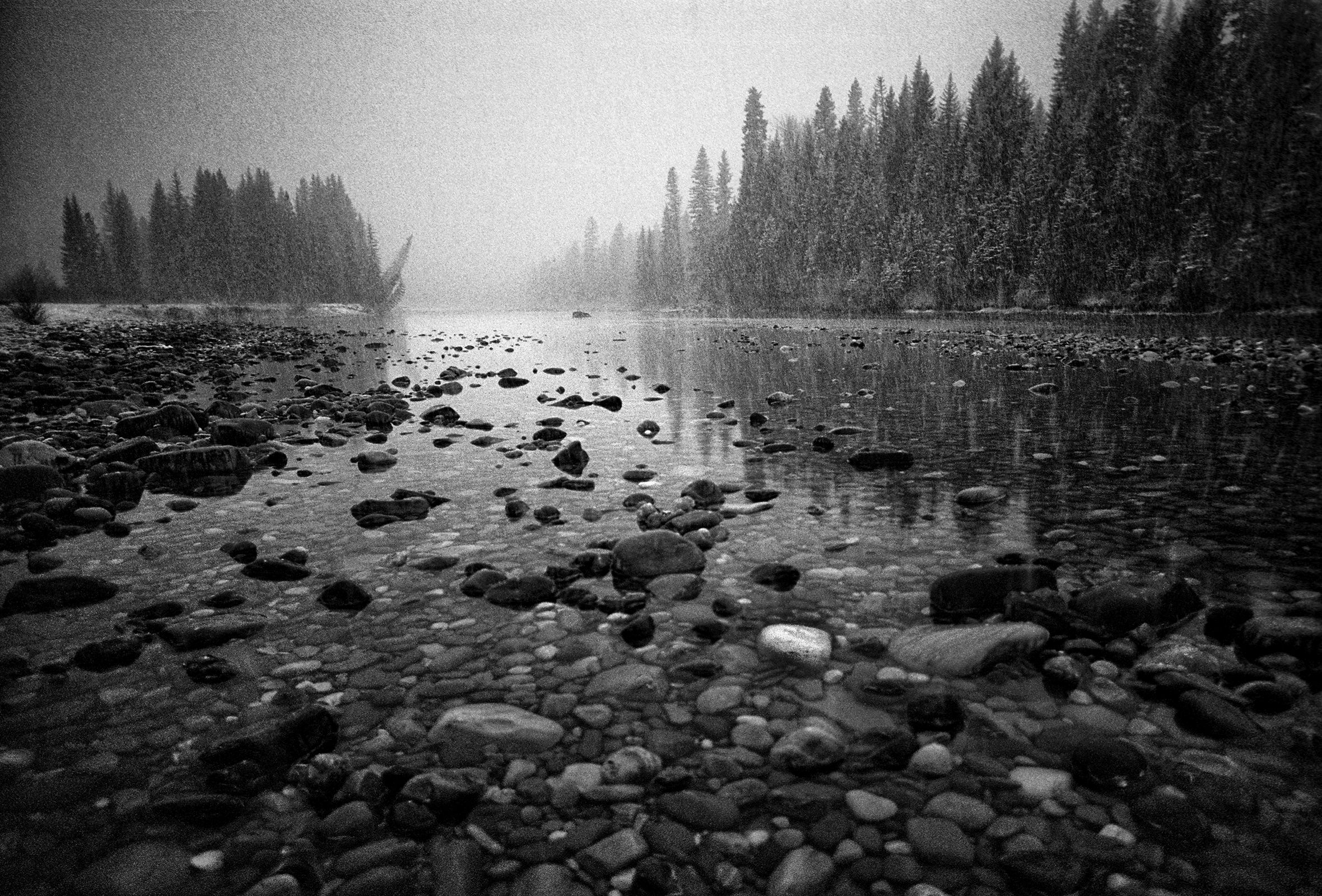 A serene river with shallow water and small rocks in the foreground with trees lining both banks toward the horizon.