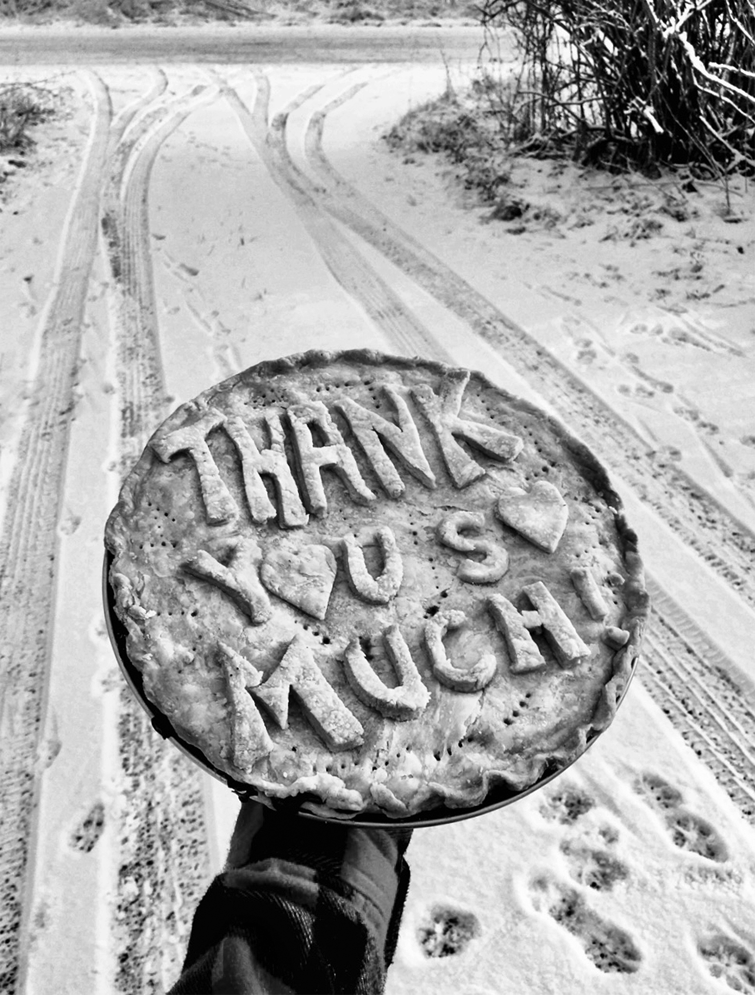 A Thanksgiving berry pie with a message atop the crust that is also made of crust that reads “Thank you so much!” with heart shapes substituted for the O’s in “you” and “so” is held by an outstretched hand above a snowy driveway in Alaska.