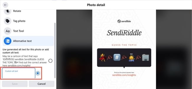 A screenshot of how to add alt-text to Facebook image post