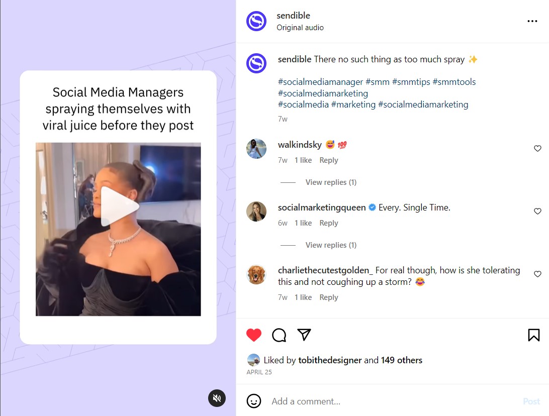 A screenshot of Sendible's Instagram Reel post 