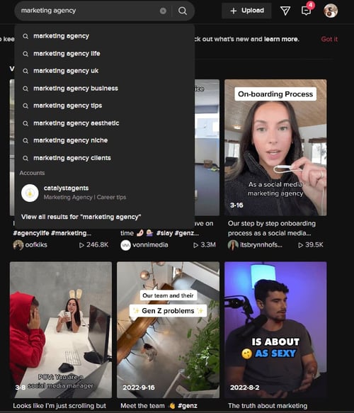 Screenshot of TikTok's search for "marketing agency"