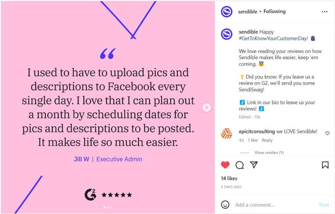Sendible's Instagram carousel posts with G2 reviews