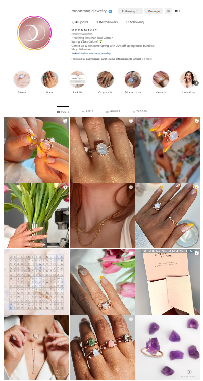 A screenshot of Moonmagic jewelry Instagram profile that shows a balanced and well established feed. 
