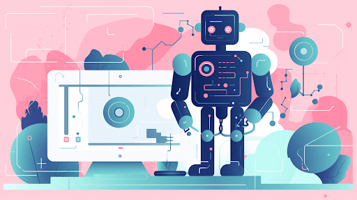 An image created with the AI program Midjourney showing a robot standing in front of a display showing data