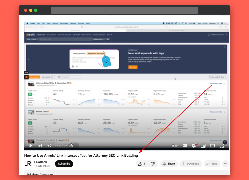 ’-a screenshot of LawRank’s YouTube video on how to use Ahrefs’ link intersect tool for attorney SEO link building