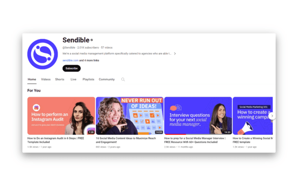 Sendible Youtube channel for you section