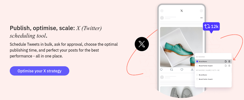 Publish, optimise, scale: X (Twitter) scheduling tool. Schedule Tweets in bulk, ask for approval, choose the optimal publishing time, and perfect your posts for the best performance - all in one place.  