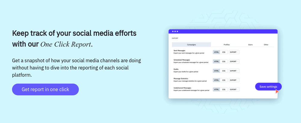 Keep track of your social media efforts with our One Click Report.   Get a snapshot of how your social media channels are doing without having to dive into the reporting of each social platform.  