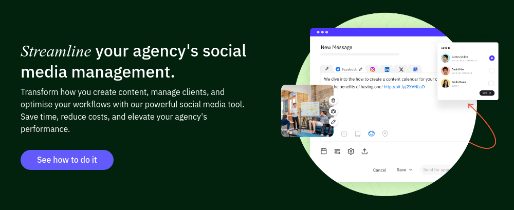 Streamline your agency's social media management. Transform how you create content, manage clients, and optimise your workflows with our powerful social media tool. Save time, reduce costs, and elevate your agency's performance.  