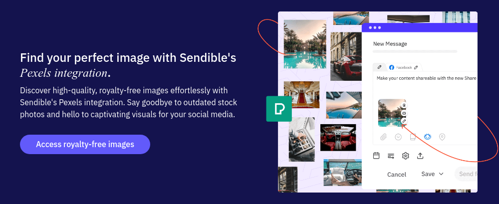 Find your perfect image with Sendible's Pexels integration. Discover high-quality, royalty-free images effortlessly with Sendible's Pexels integration. Say goodbye to outdated stock photos and hello to captivating visuals for your social media.  