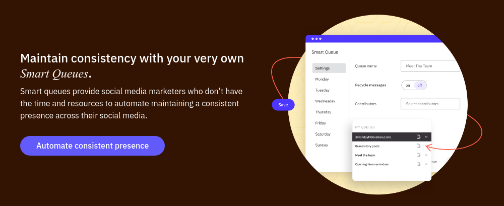 Maintain consistency with your very own Smart Queues. Smart queues provide social media marketers who don’t have the time and resources to automate maintaining a consistent presence across their social media.  