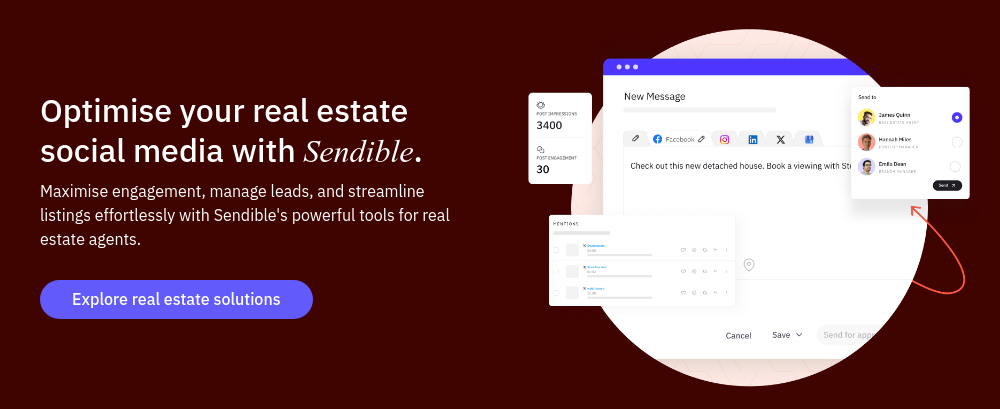 Optimise your real estate social media with Sendible. Maximise engagement, manage leads, and streamline listings effortlessly with Sendible's powerful tools for real estate agents.  