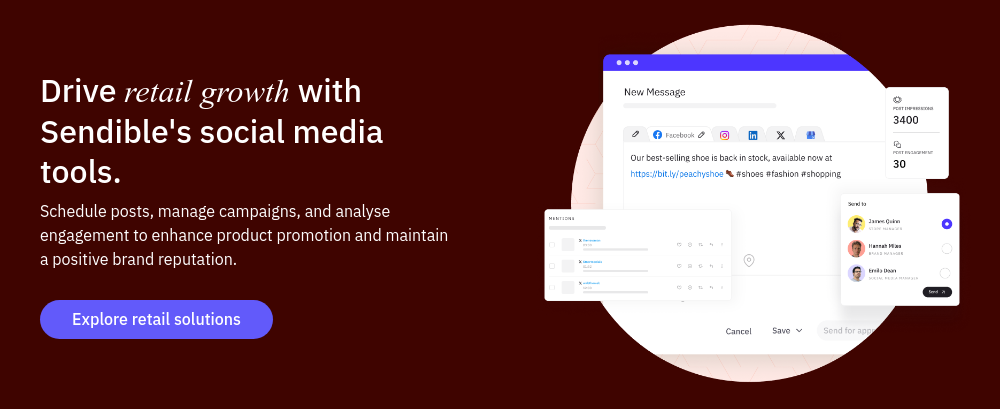 Drive retail growth with Sendible's social media tools. Schedule posts, manage campaigns, and analyse engagement to enhance product promotion and maintain a positive brand reputation.  