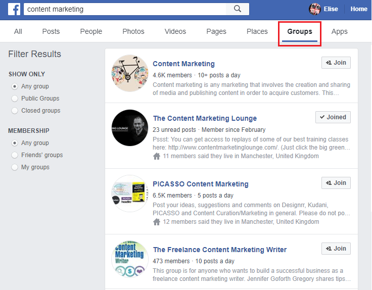 Find relevant Facebook groups