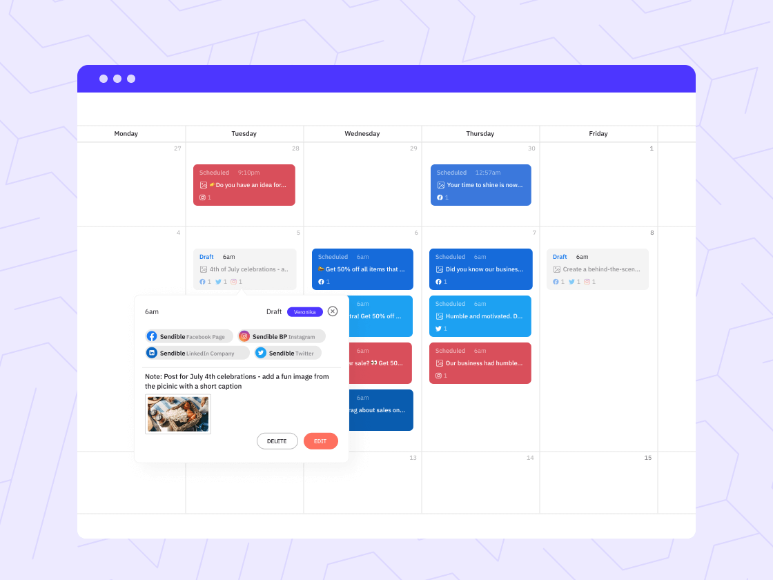 sendible drafts in calendar view