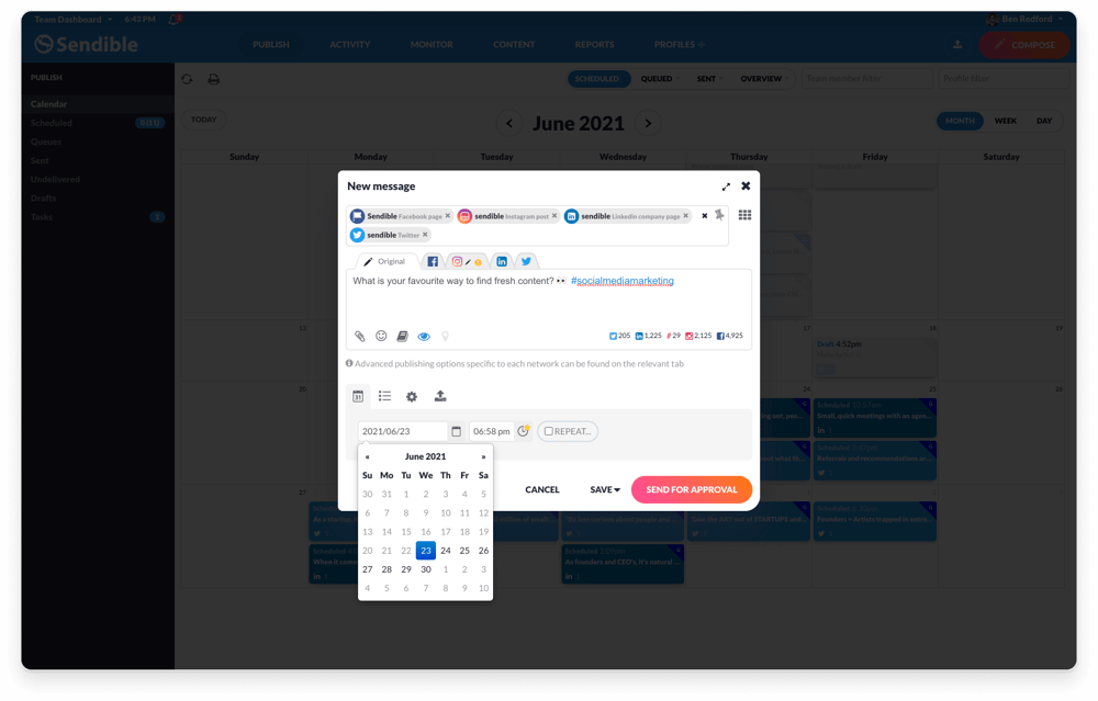 Sendible's compose box feature allows tailoring messages for each social media platform.