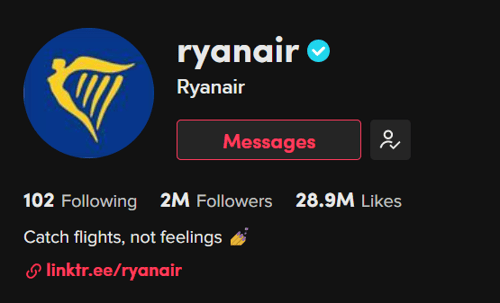 Screenshot of Ryanair's TikTok bio