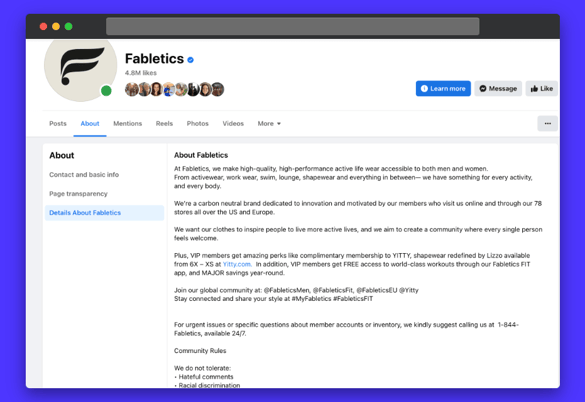 Fabletics Facebook page “about” section