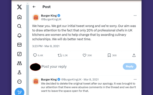 Burger King owned their mistake, apologised, explained their position, and followed up, handling the crisis as best they could 